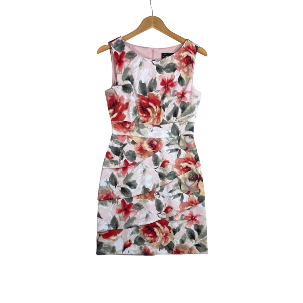 Connected Apparel Tiered Sheath Floral Print Dress size 6 White/Red/Green